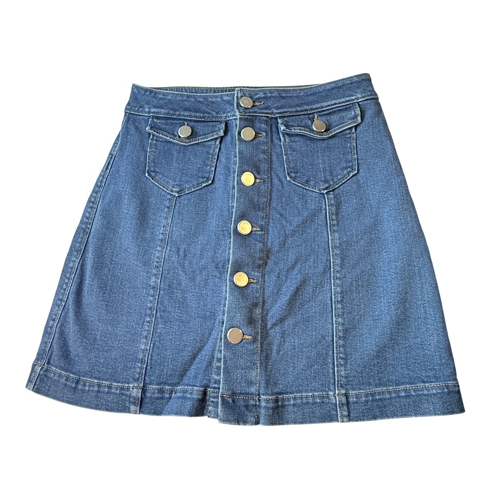 LOFT Denim A-Line Mini Skirt Size 2 Button Front Flap Pockets Stretch Y2K